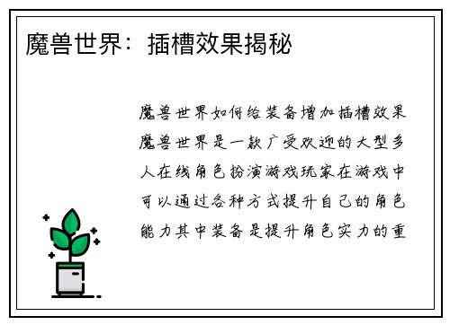 魔兽世界：插槽效果揭秘
