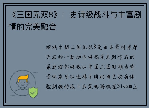 《三国无双8》：史诗级战斗与丰富剧情的完美融合