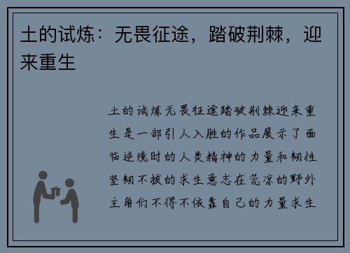 土的试炼：无畏征途，踏破荆棘，迎来重生
