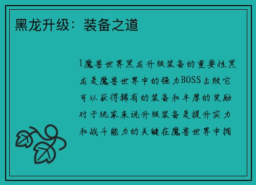黑龙升级：装备之道
